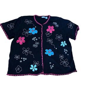 Vintage Liz & Me Button Floral Sweater~Short Sleeve~4X~Daisies~Made in Hong Kong